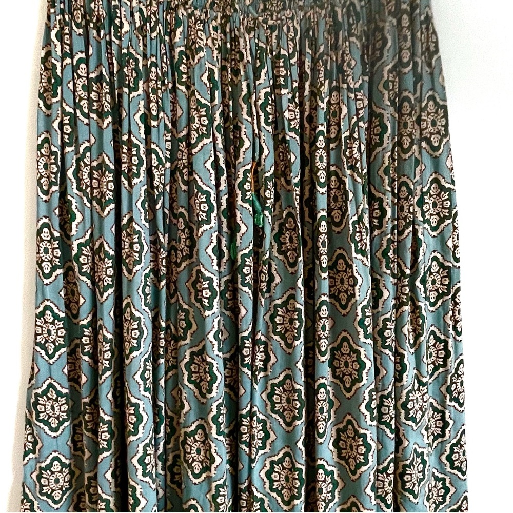 Zara Boho Drawstring Smock Waist Medallion Printed Maxi Skirt In Green S NWT - Picture 11 of 15